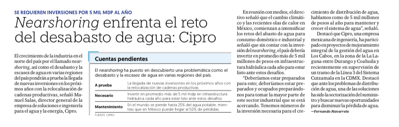 SE REQUIEREN INVERSIONES POR 5 MIL MDP AL AÑO Nearshoring enfrenta el reto del desabasto de agua: CIPRO